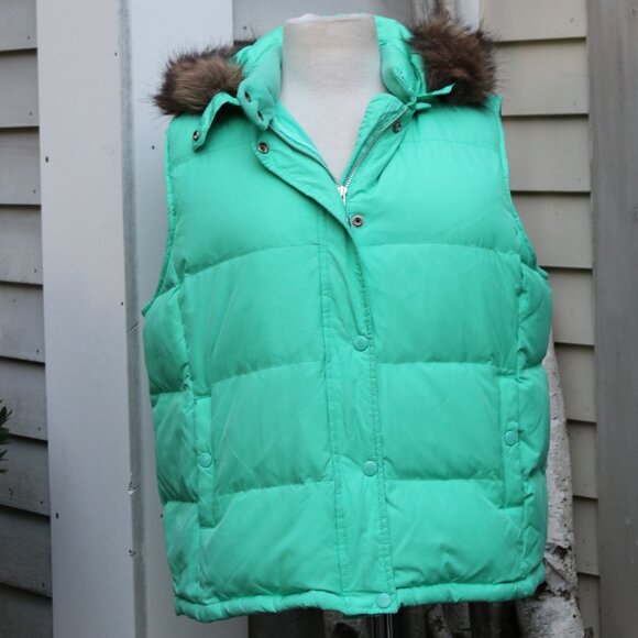 GAP Mint Green Fleece Lined Removable Fur Hood Down Insulated Puffer Vest Sz XL - Picture 5 of 12